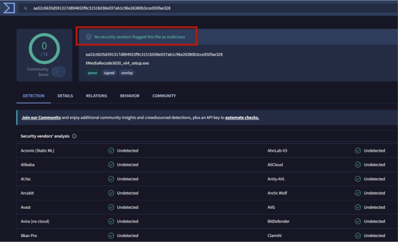 XMedia Recode 3.6.3.0のインストーラーをVirusTotalで検査した結果
