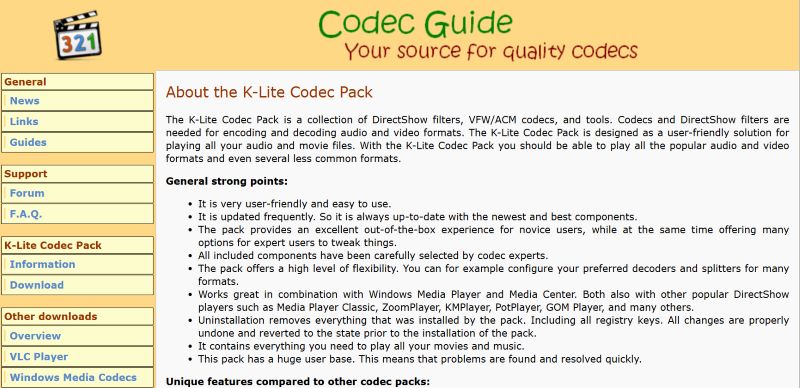 K-Lite Codec Packホームページ