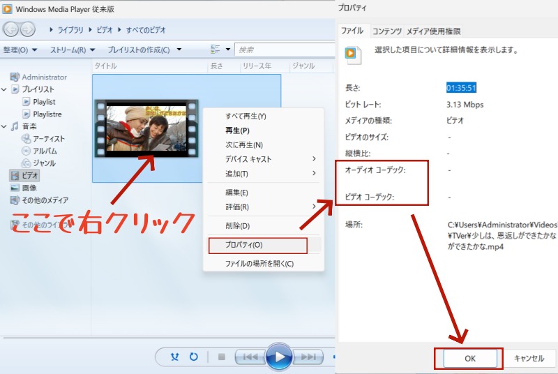 AVIファイルの再生に必要なコーデックを確認